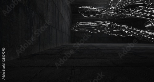 Empty dark abstract concrete smooth architectural interior of chaotic lines. Night view of the illuminated. 3D illustration and rendering