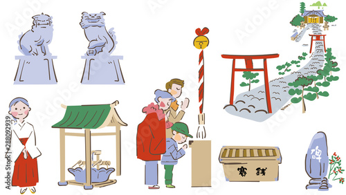 お正月　初詣の風物詩　イラスト