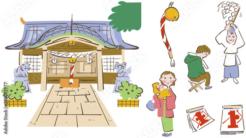 お正月　初詣の風物詩　イラスト