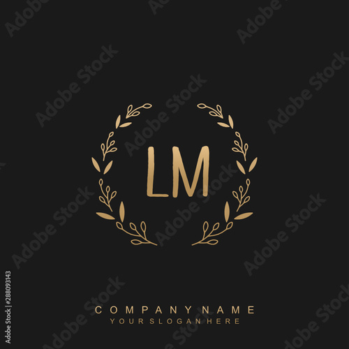 letter LM surrounded by beautiful and elegant flowers and leaves. Wedding monogram logo template.