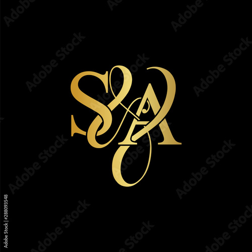 Initial letter S & A SA luxury art vector mark logo, gold color on black background.