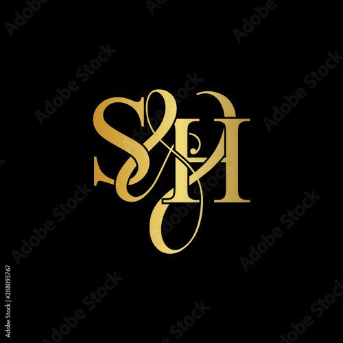 Initial letter S & H SH luxury art vector mark logo, gold color on black background.