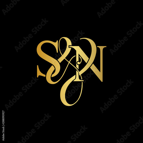 Initial letter S & N SN luxury art vector mark logo, gold color on black background.