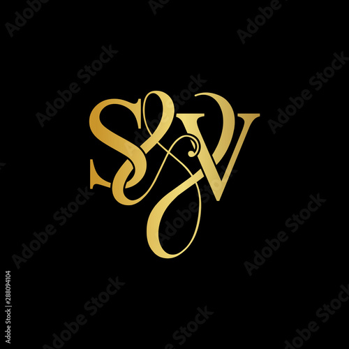 Initial letter S & V SV luxury art vector mark logo, gold color on black background.