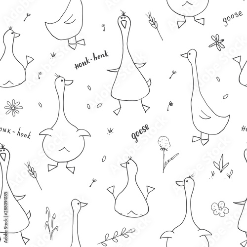 Cute Goose Seamless Pattern, Cartoon Hand Drawn Goose Doodles Vector Background Illustration