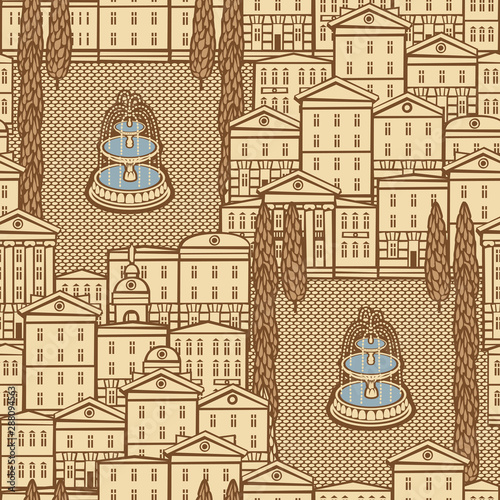 Vector seamless pattern with old hand drawn houses in retro style. Cityscape background, can be used as wallpaper, wrapping paper, textile, fabric