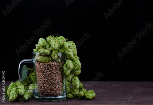 Mug with malt and fresh green of hops on dark wooden table. Empty space for text. Black background