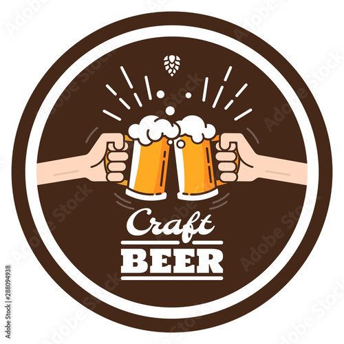 Two hands clink mugs with beer. Beer background concept for banners, posters, flyers and promotional material. People in the pub clink mugs of beer. Friends having fun at the party.