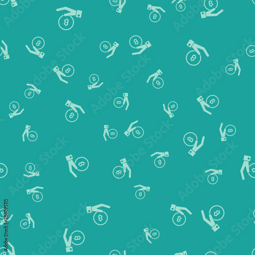Green Hand holding Bitcoin icon isolated seamless pattern on green background background. Blockchain technology, digital money market, cryptocoin wallet. Vector Illustration