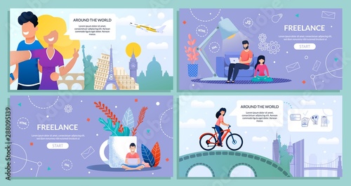 Landing Web Page Bundle Set Travel and Freelance. Bearded Guy Travel and Work, Freelance, Work Online. Guy, Girl Take Selfie, Famous Landmarks, Plane. Girl and Bicycle. Vector Flat Illustration