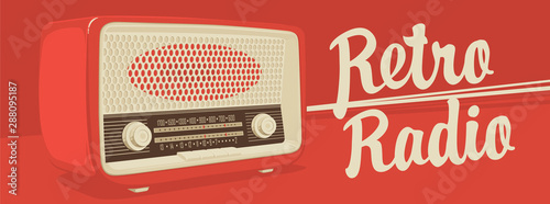Vector banner for radio station with an old radio receiver and inscription Retro radio on the red background. Radio broadcasting concept. Suitable for banner, ad, poster, flyer, logo