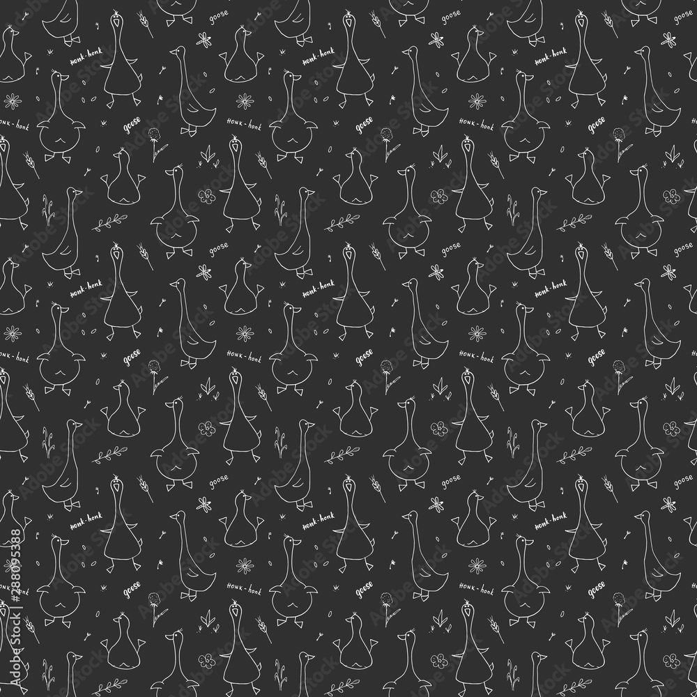 Cute Goose Seamless Pattern, Cartoon Hand Drawn Goose Doodles Vector Background Illustration Cute Goose Seamless Pattern, Cartoon Hand Drawn Goose Doodles Vector Background Illustration