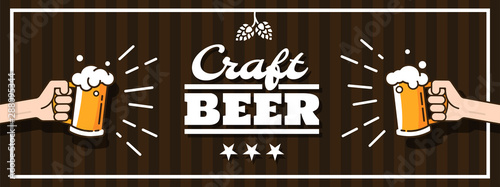 Two hands clink mugs with beer. Beer background concept for banners, posters, flyers and promotional material. People in the pub clink mugs of beer. Friends having fun at the party.