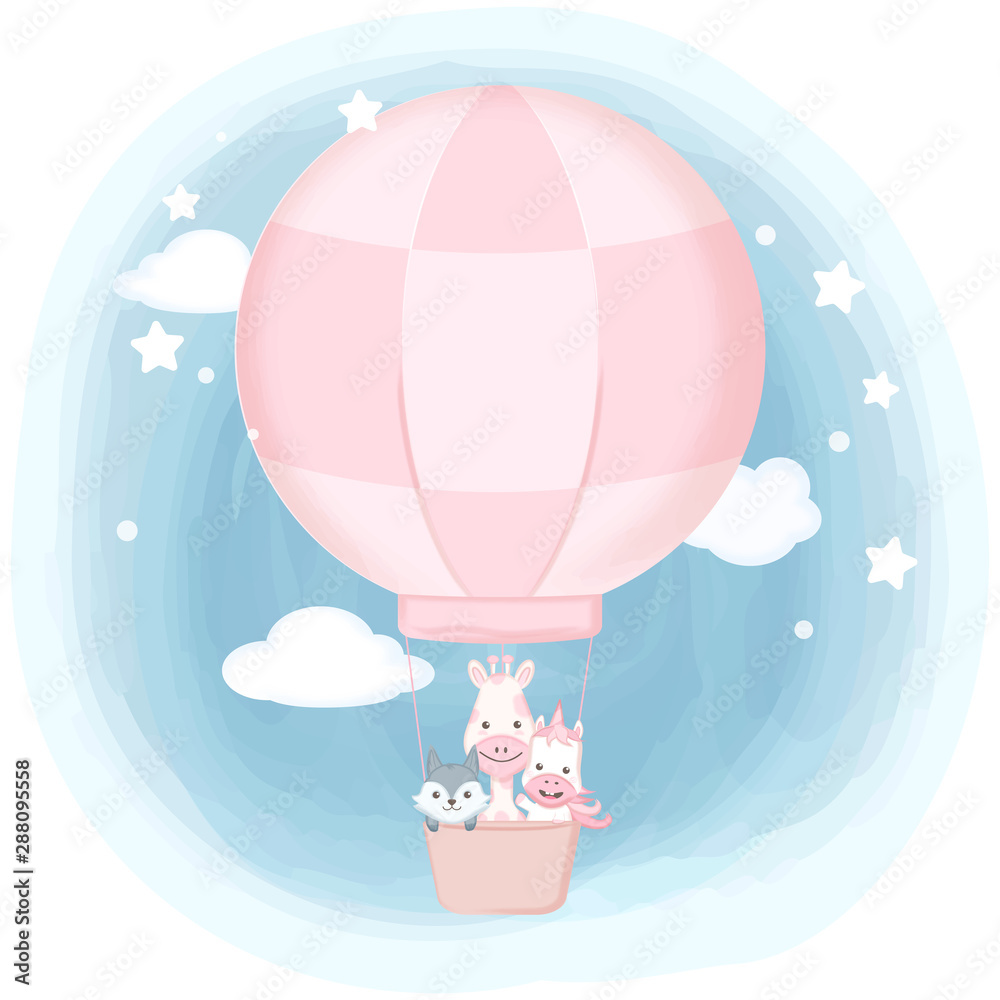 Cute animals floating on air balloon hand drawn cartoon illustration