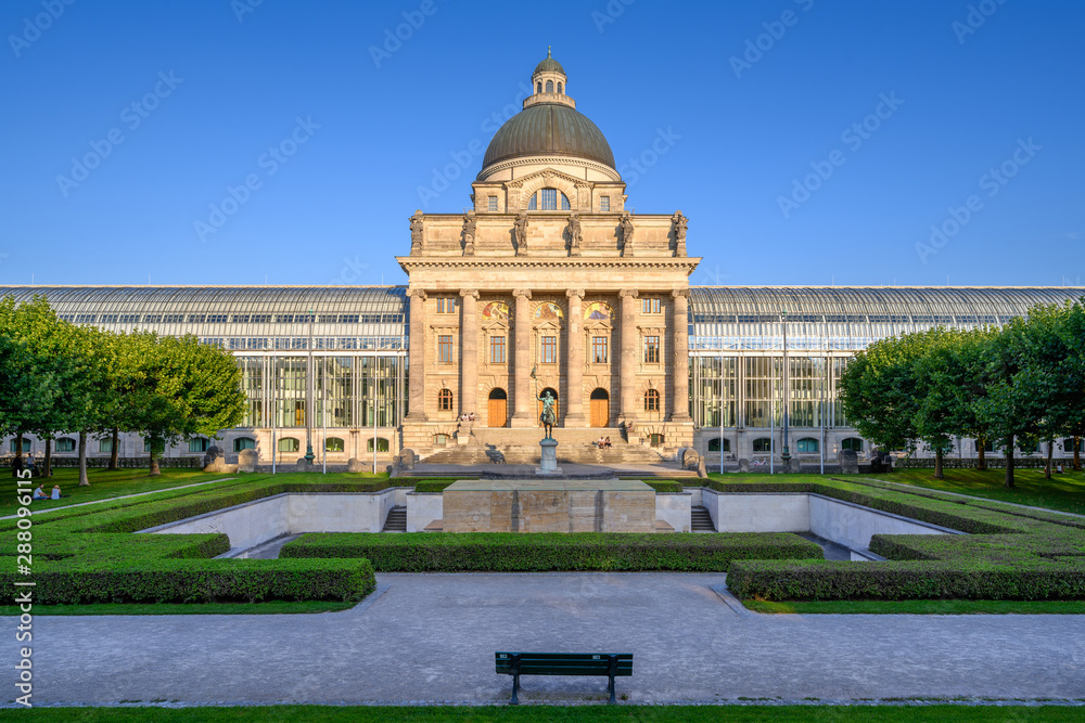 View from the west to the Bavarian State Chancellery in Munich..In the foreground the war memorial from 1928 and the equestrian statue of Otto I. from 1911