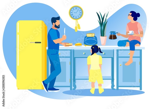 Happy Family Communicating and Eating on Kitchen,
