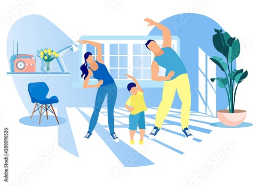 Mother, Father and Kid Morning Exercising at Home