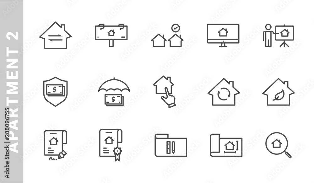 apartment and construction business icon set. Outline Style. each made in 64x64 pixel apartment and construction business icon set. Outline Style. each made in 64x64 pixel