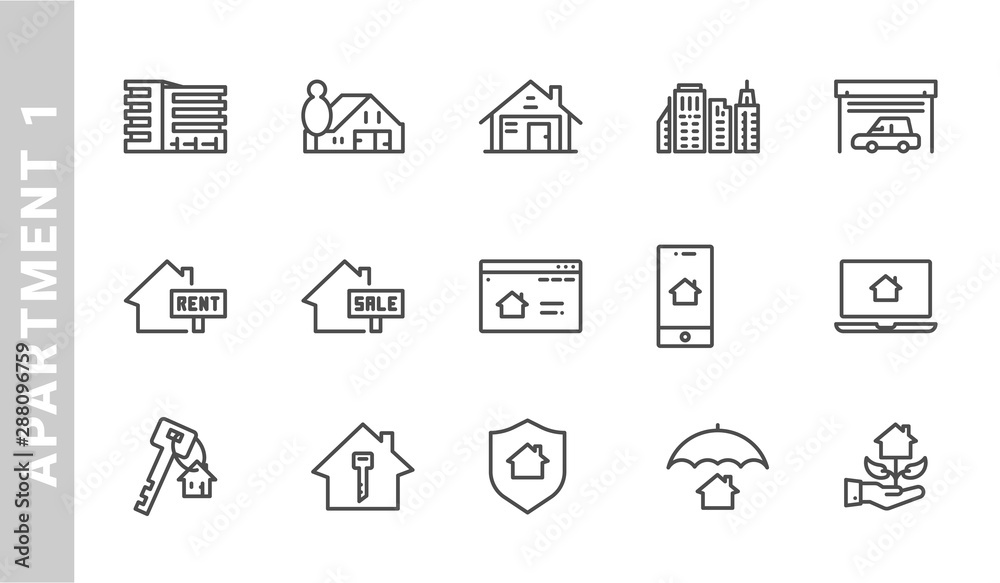apartment and property business icon set. Outline Style. each made in 64x64 pixel