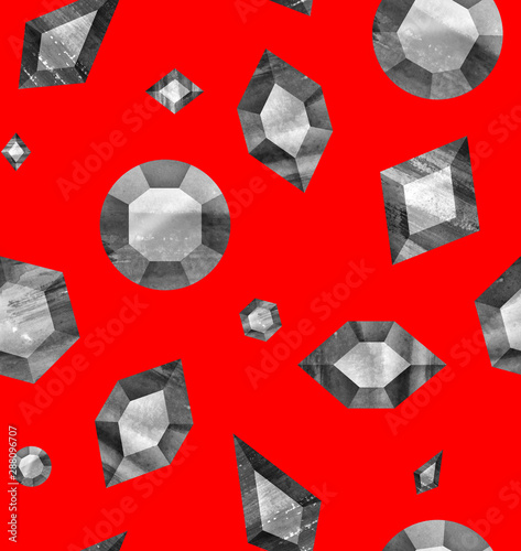 Seamless pattern handmade watercolour crystals precious stones and gems on a red background. Looks luxurious. Decorative background perfect for wrapping paper, banners, cards or textile fabric.