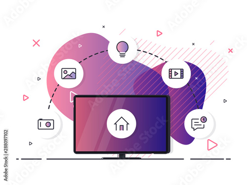 Smart home controlled tv. Internet of things technology of home entertainment system. Small house standing on screen televison and wireless connections with icons electronics devices. 