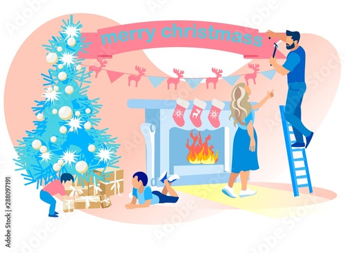 Cute People Decorating Christmas Tree Holidays