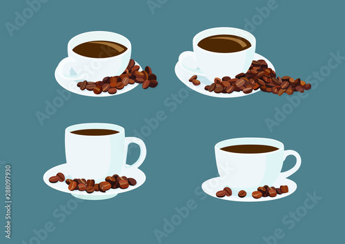 White coffee cups and coffee beans on the saucer on gray background