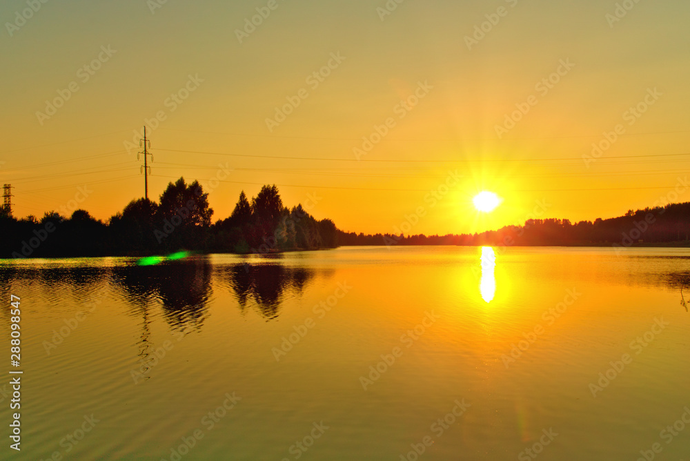 Kostroma river in the summer at sunset. Kostroma, Russia.