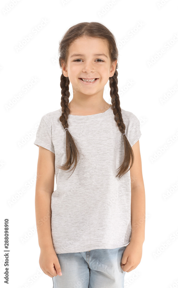 Little girl in stylish t-shirt on white background Little girl in stylish t-shirt on white background