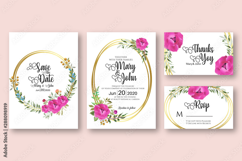 beautiful watercolor wedding invitation with pink flowers