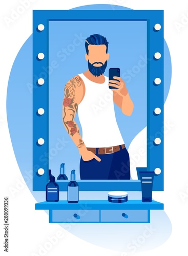Bearded Man Making Selfie in Mirror at Barbershop