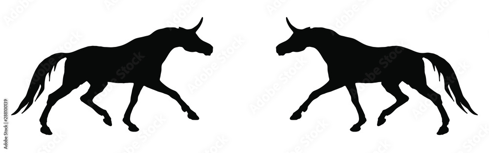vector isolated image of the figure, the black silhouettes of two running unicorns on a white background