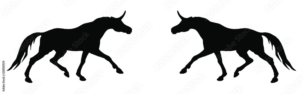 Fototapeta premium vector isolated image of the figure, the black silhouettes of two running unicorns on a white background