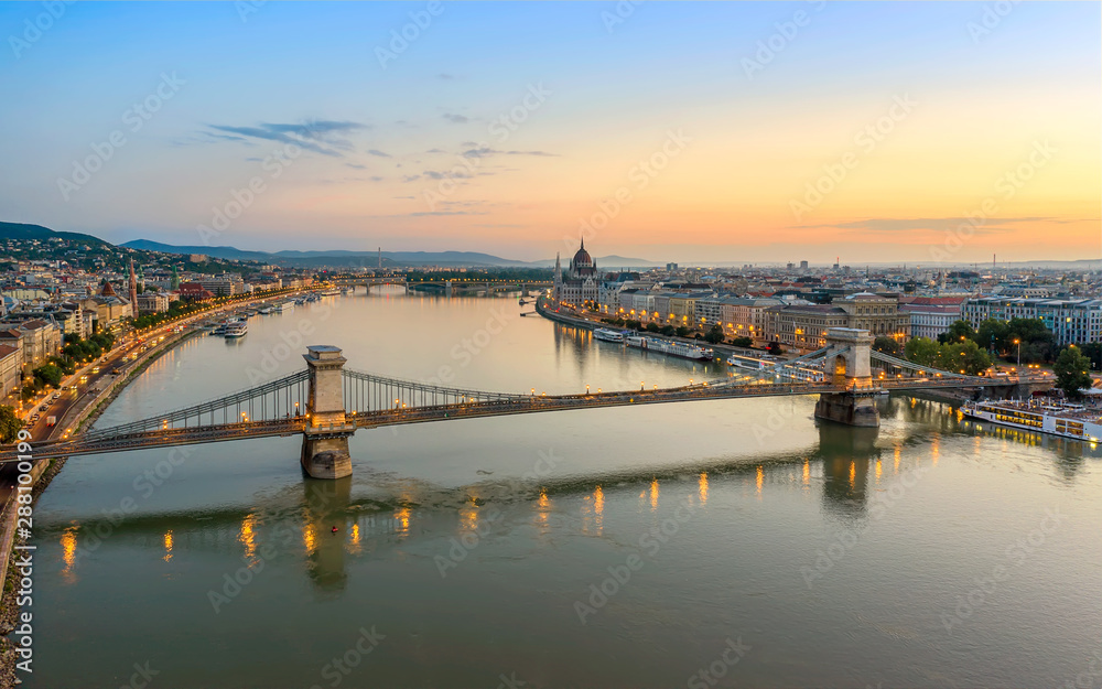 Budapest cityscape in the morning with danube river, Chain bridge and Hungarrian Parliament