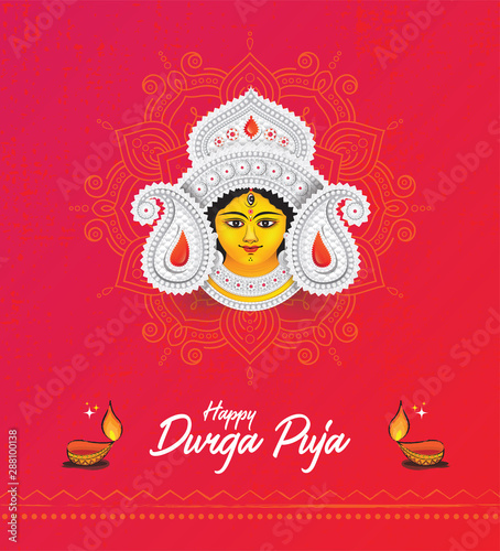 Happy Durga Puja Festival Celebration Greeting Background Template Design with Goddess Durga Face Illustration