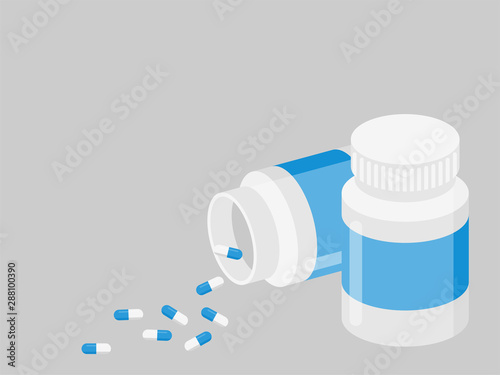 Group of Medicine white blue pills and bottles, pharmacy, tablet, capsule, hospital set of drugs with labels. Medication, pharmaceutics medical healthcare concept. Vector illustration