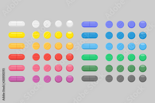 Set of several colorful Medicine, pharmacy, tablet, capsule, hospital set of drugs with labels. Medication, pharmaceutics medical healthcare concept. Vector illustration