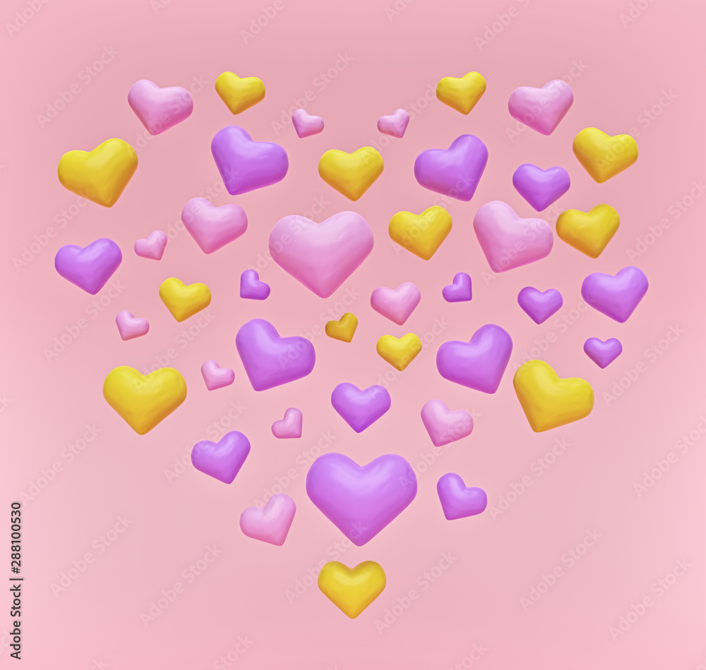 Colorful hearts on pastel background. valentines day concept. 3d rendering