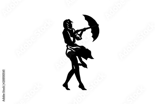 Silhouette of girl with an umbrella. Girl opens an umbrella in inclement weather.