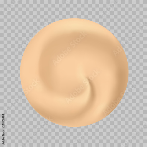 Women's liquid bb cream, concealer, body lotion. Vector 3d realistic round swirl, drop of makeup. droplet on transparent background. Beige cosmetics. Curl and vortex creamy texture. Top view. eps10. 