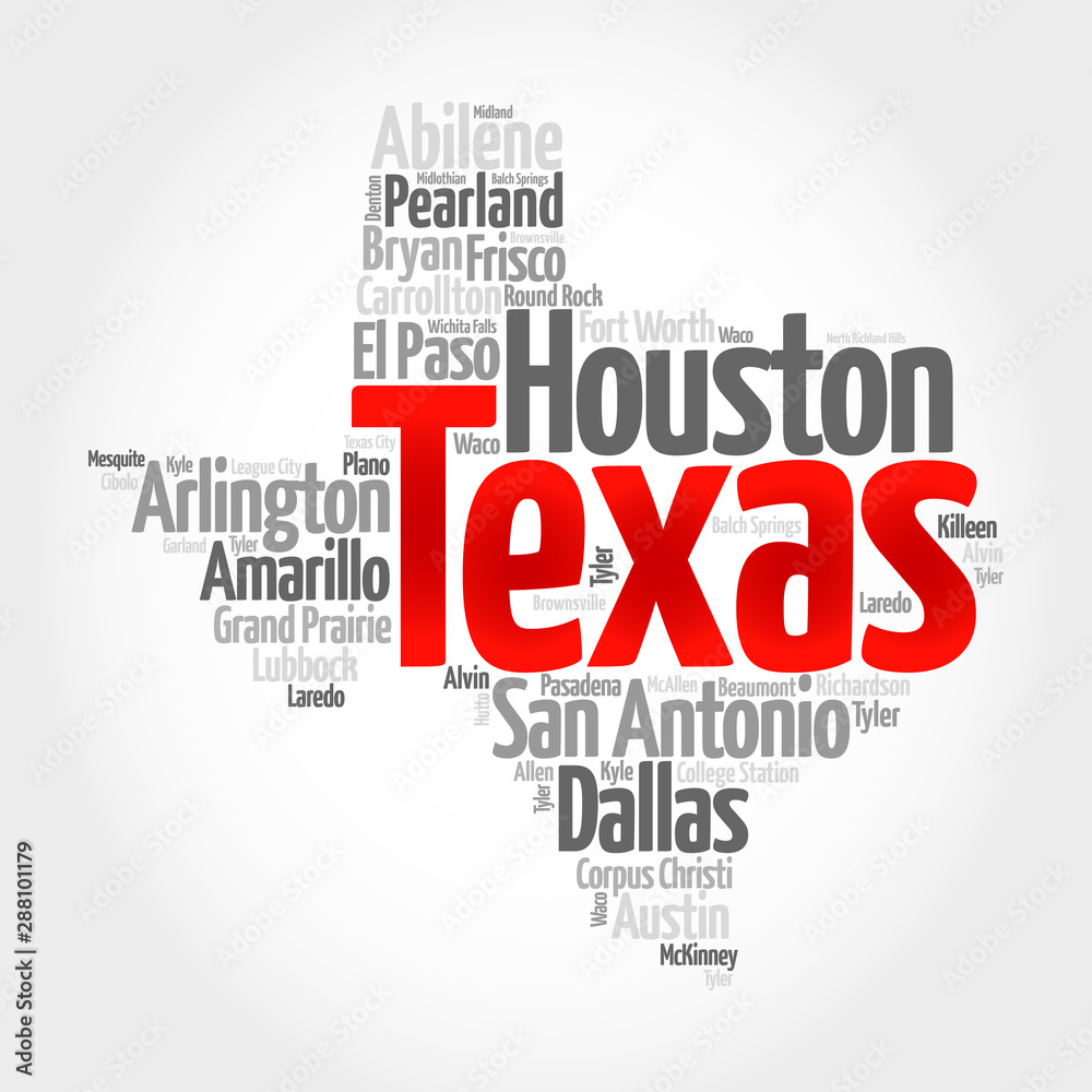 List of cities in Texas USA state, map silhouette word cloud map concept List of cities in Texas USA state, map silhouette word cloud map concept