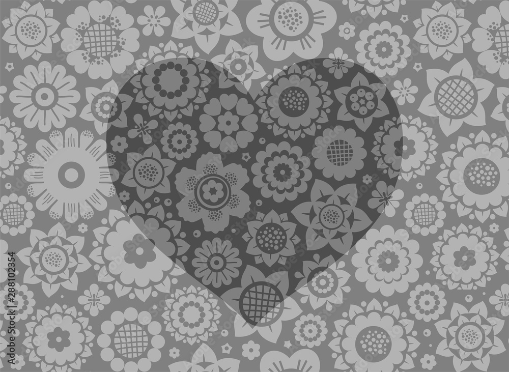 Heart, card, floral background, color, gray, vector. A gray heart on a flower field. Vector picture.  