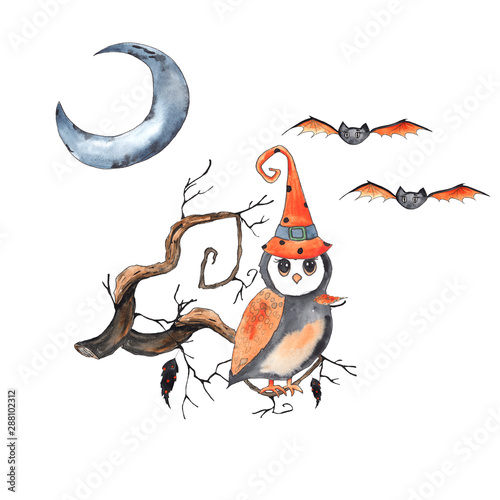 Watercolor compositions for children's Halloween party with pumpkins, hats,  owl, bat, spider, web photo