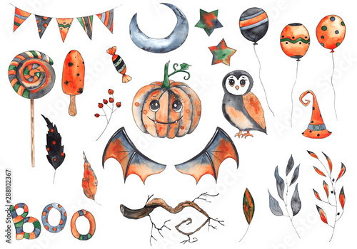Watercolor autumn elements for children's Halloween party: pumpkins, hats, black cat, owl, cauldron, bat, Lollipop, ice cream, balloons