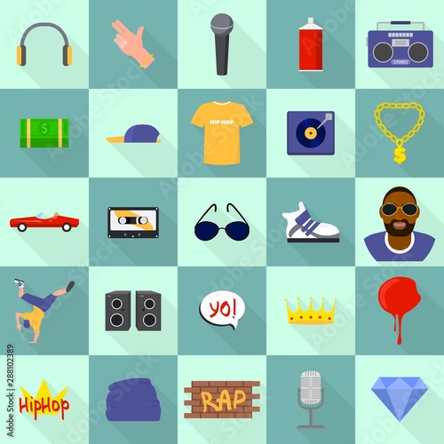 Hiphop icons set. Flat set of hiphop vector icons for web design