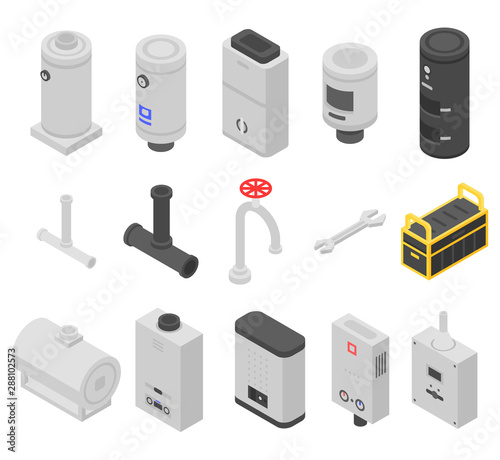 Boiler icons set. Isometric set of boiler vector icons for web design isolated on white background