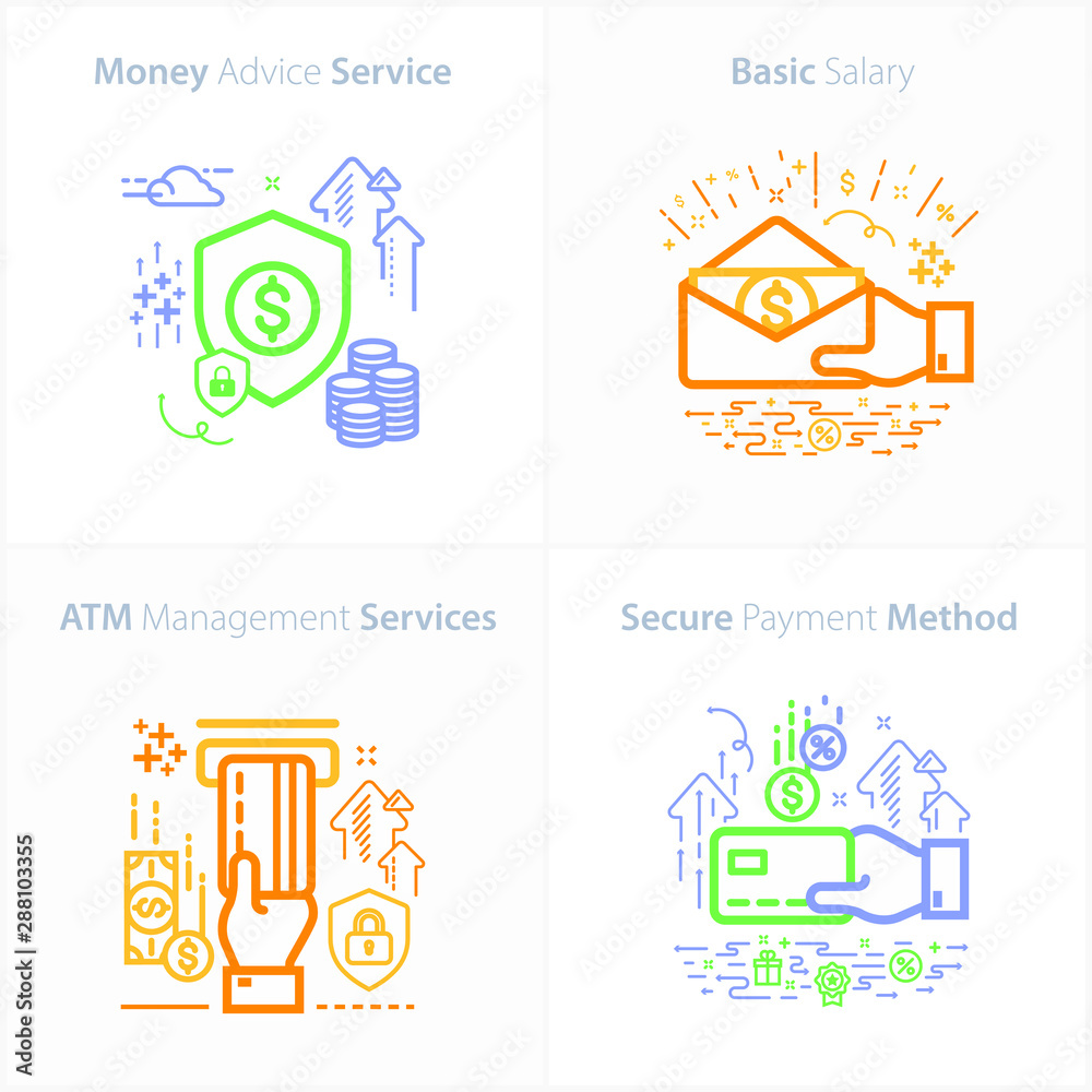 Vector Banking and Finance Flat Icon Set, Money advice service / Basic salary / ATM management services / Secure payment method.