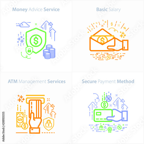 Vector Banking and Finance Flat Icon Set, Money advice service / Basic salary / ATM management services / Secure payment method.