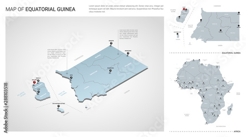 Vector set of Equatorial Guinea country.  Isometric 3d map, Equatorial Guinea map, Africa map - with region, state names and city names.