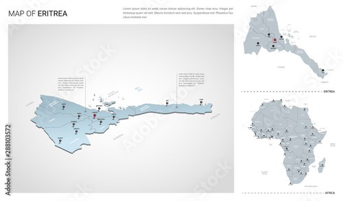 Vector set of Eritrea country. Isometric 3d map, Eritrea map, Africa map - with region, state names and city names.